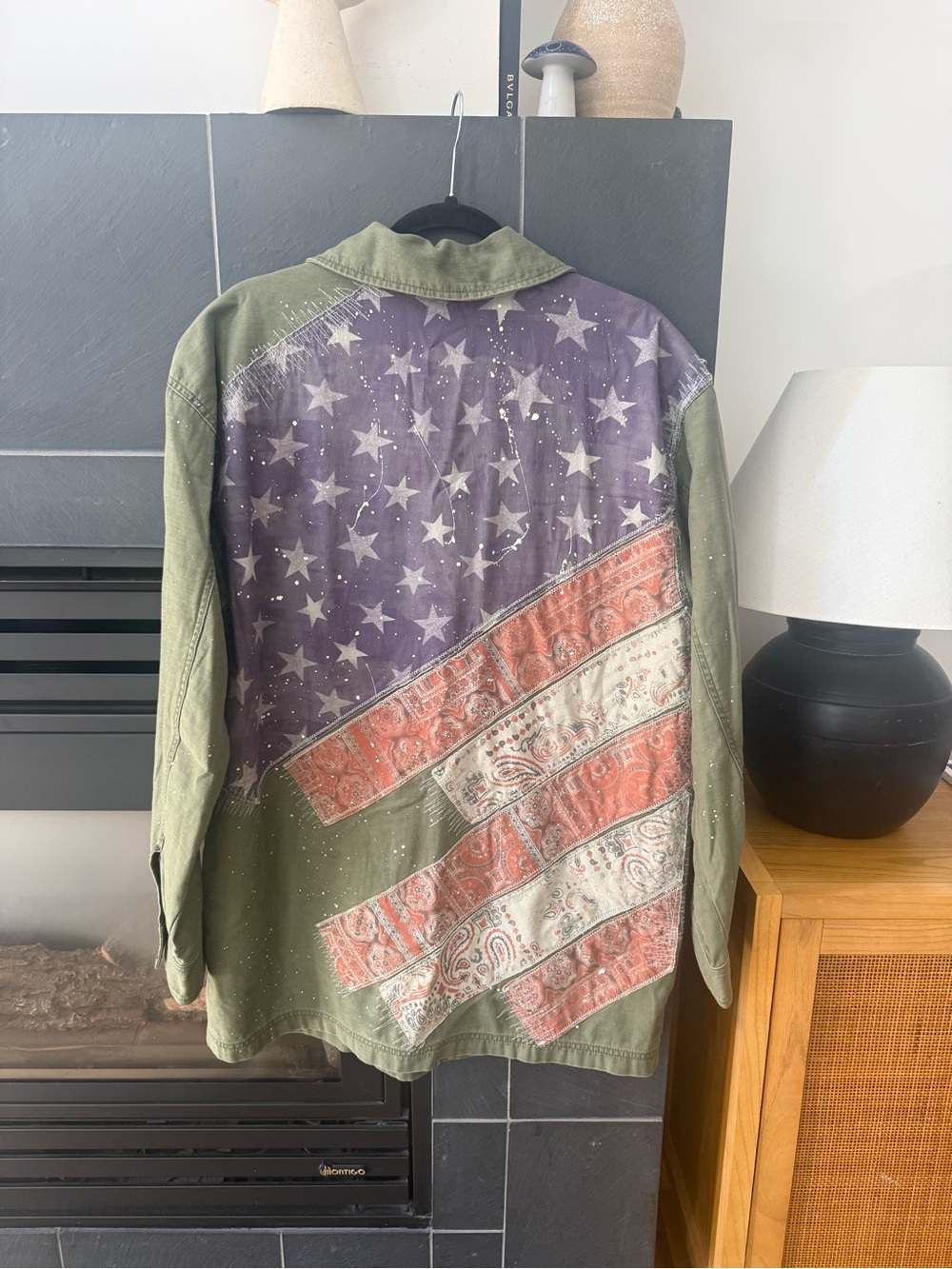 Free People Olive Green Army-Style Utility Jacket with flag